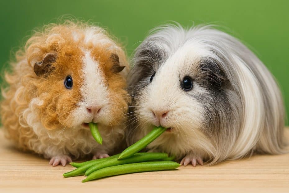 Texel and silkie guinea pigs eating french beans (fine green beans)