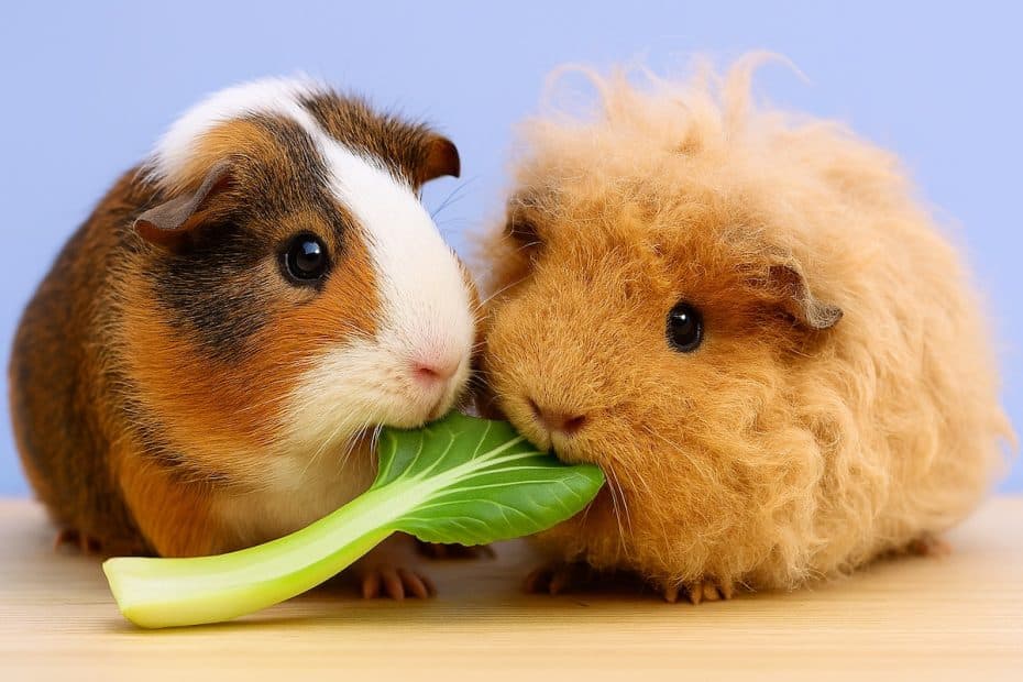 Two guinea pigs eating bok choy (also known as chinese leaf or pak choi)