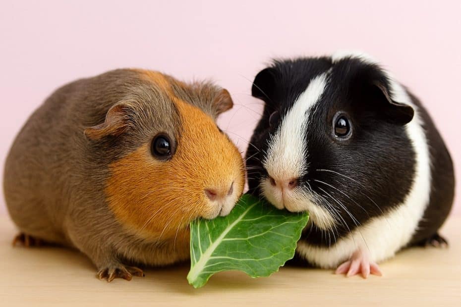 Two guinea pigs eating collard greens