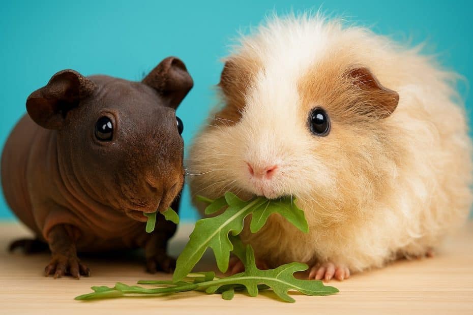 a baldwin guinea pig and large fluffy guinea pig eating rocket salad leaves (arugula)