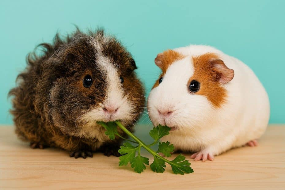 Two guinea pigs eating fresh parsley, demonstrating that guinea pigs can safely enjoy parsley.
