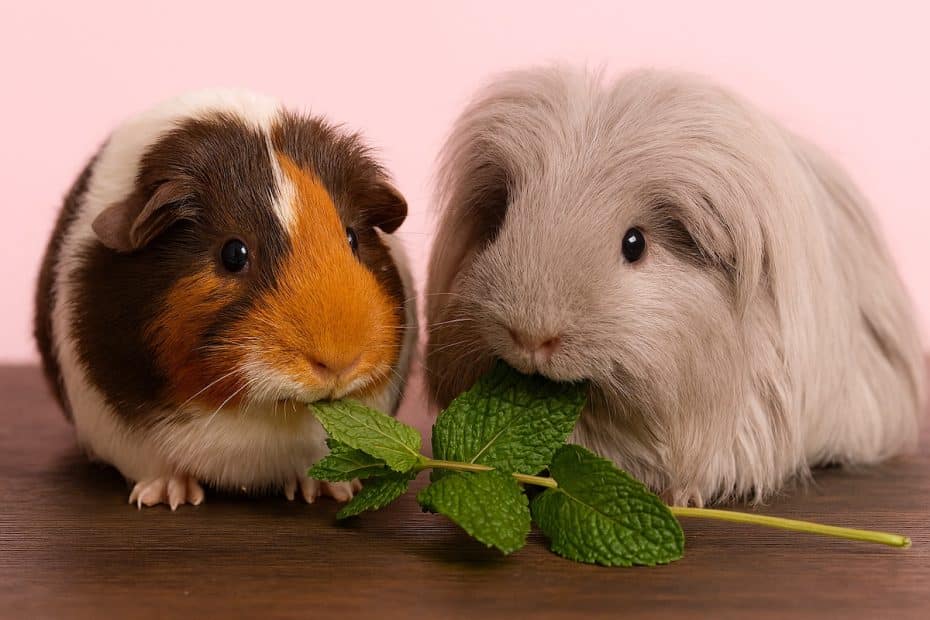 Guinea pigs eating peppermint leaves
