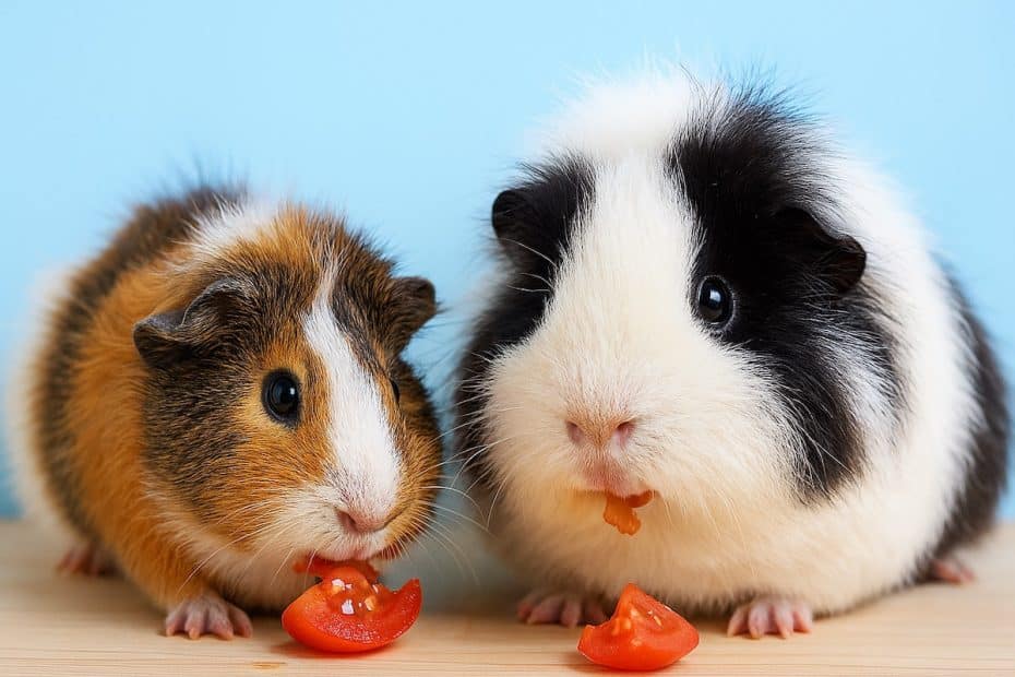 Two guinea pigs eating a fresh red tomato – safe vegetables for guinea pigs