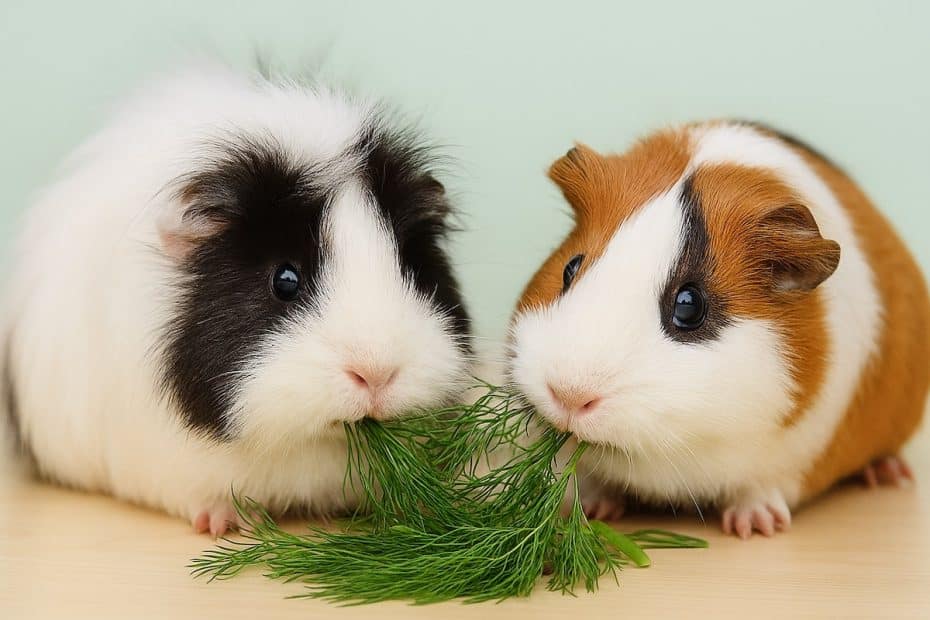 Two guinea pigs eating dill