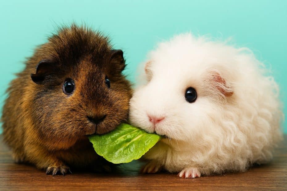 Guinea pigs eating a lettuce leaf