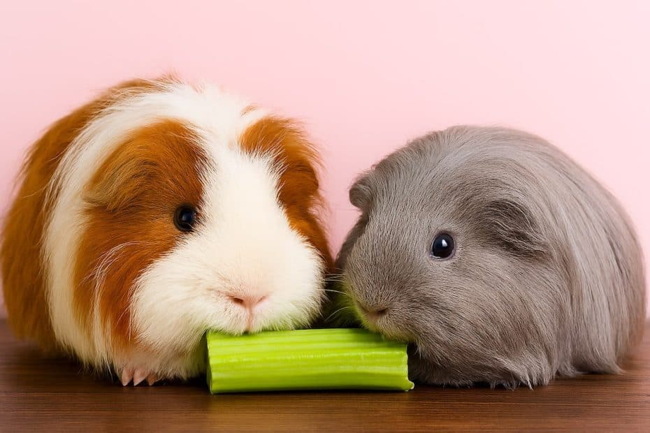 Guinea pigs eating a stick of celery