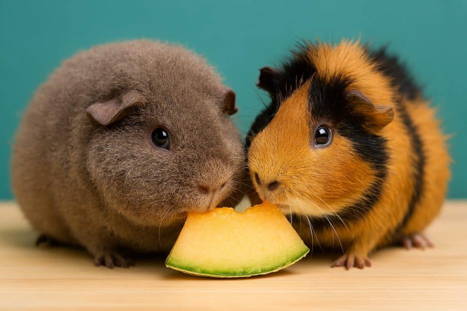 Two guinea pigs eating cantaloupe melon
