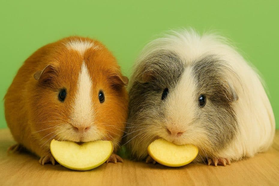 Two guinea pigs eating apple chunks