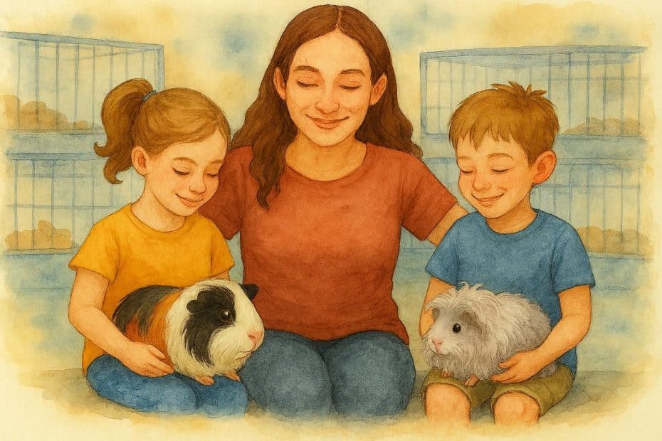 Watercolour image of a mother with her two children ready to adopt guinea pigs at a rescue centre