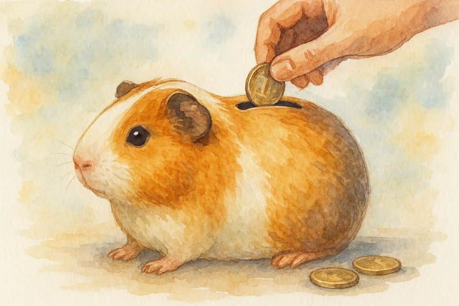 Illustration of a guinea pig-shaped piggy bank with coins being added – symbolising the real costs of guinea pig ownership in the UK