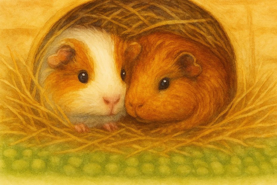 Guinea pigs keeping warm in wooden hideout with extra hay