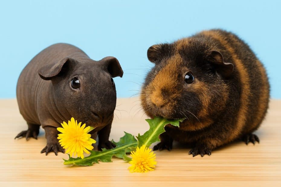Guinea pigs eating dandelion flowers and leaves