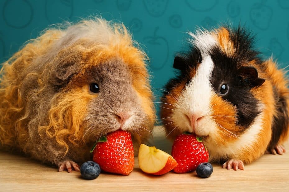 two guinea pigs eating fruit