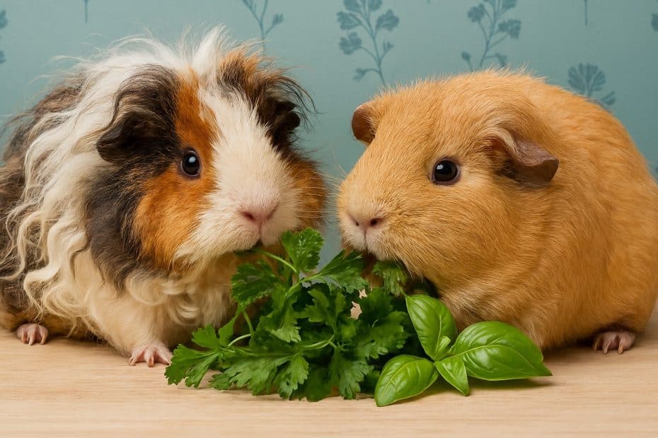 Two guinea pigs eating herbs