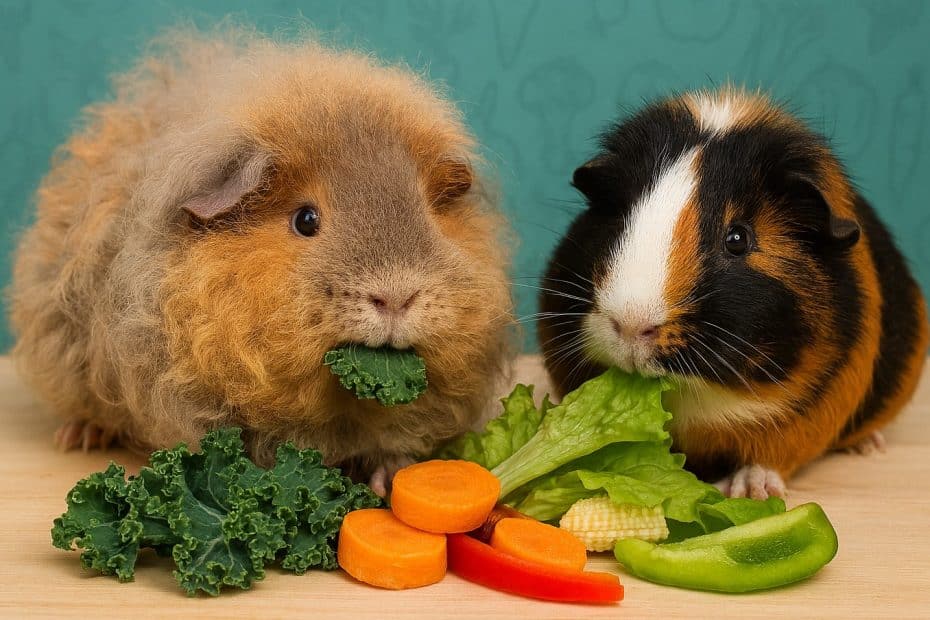 two guinea pigs eating a variety of vegetables